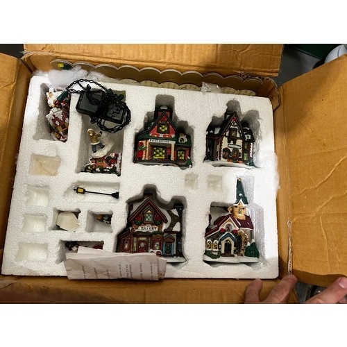 286 - Boxed Christmas display village + glass ware