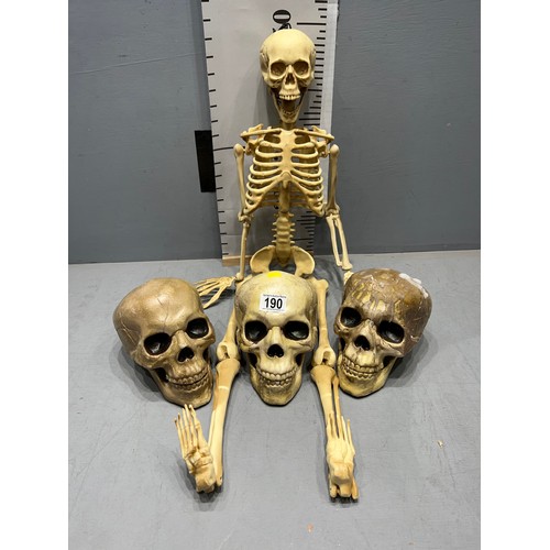 190 - 3 Skull heads + skeleton figure