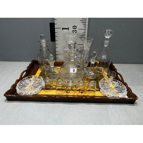 8 - Tray of cut glass decanters etc. Tray not inc