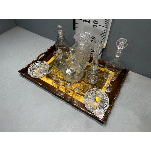 8 - Tray of cut glass decanters etc. Tray not inc