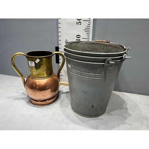 17 - early 20thc Brass + copper 2 handled vase + 3 galvanized buckets