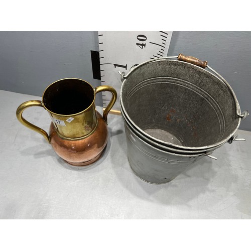 17 - early 20thc Brass + copper 2 handled vase + 3 galvanized buckets