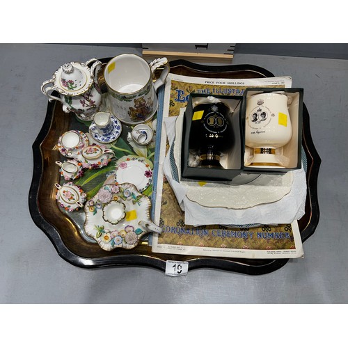 19 - Tray collectable items. Coalbrookdale candle stick, miniature tea set, royalty items etc