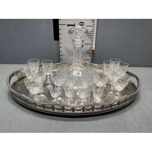 24 - Silver plated tray with cut glass ships decanter + glasses