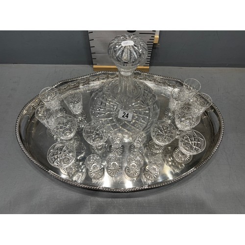 24 - Silver plated tray with cut glass ships decanter + glasses