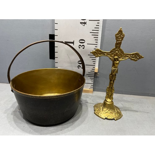 26 - victorian Brass jam pan + early 20thc brass crucifix