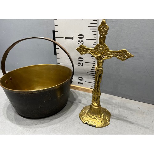 26 - victorian Brass jam pan + early 20thc brass crucifix