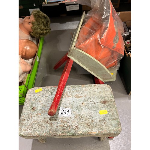 241 - Childs vintage wooden wheel barrow, stool, space hopper