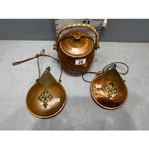 28 - collection of early 20thC Wooden biscuit barrel with pot liner + 2 copper + brass powder flasks