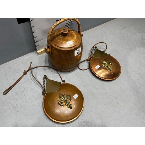 28 - collection of early 20thC Wooden biscuit barrel with pot liner + 2 copper + brass powder flasks