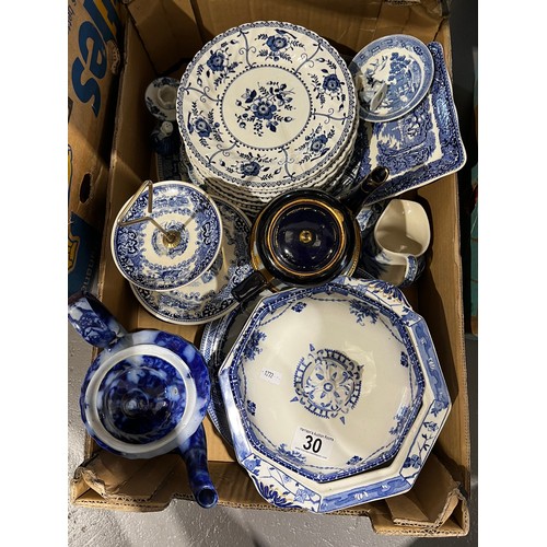 30 - Box of Victorian and later Blue + White pottery