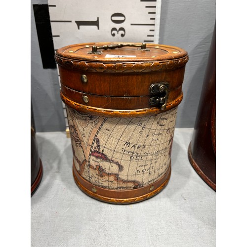 35 - 2 decorative wooden bins + wooden sewing box with contents