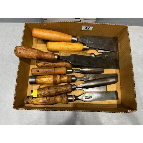 42 - Box vintage chisels etc. All named pieces Moses, Eadon, Swearby etc