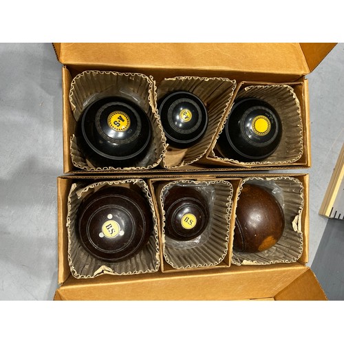 55 - 2 Boxes x 3 in box bowling green balls 1 set wooden 1 set black