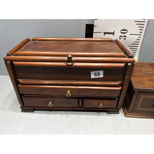 68 - Wooden jewellery/sewing box + edwardian inlaid box with drawer