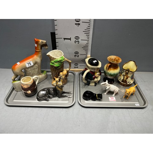 75 - 2 Trays collectables beswick dog dux elephant , Avon cat, goebel monk etc (trays not included)