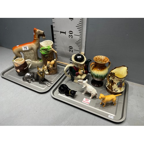 75 - 2 Trays collectables beswick dog dux elephant , Avon cat, goebel monk etc (trays not included)