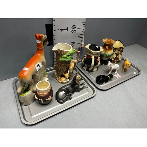 75 - 2 Trays collectables beswick dog dux elephant , Avon cat, goebel monk etc (trays not included)