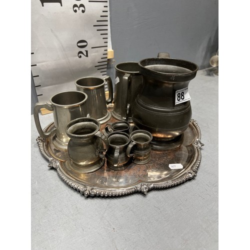 88 - Tray pewter etc tankards. Tray included