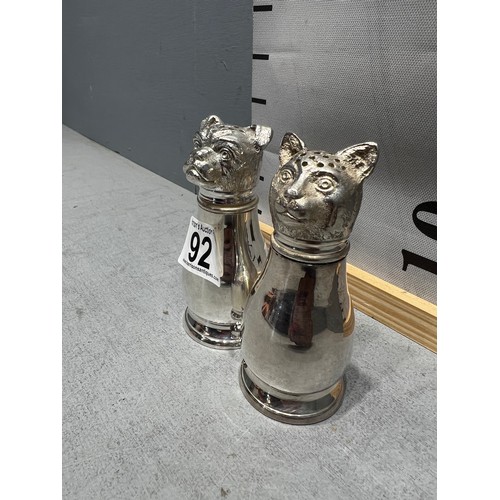 92 - Pair of Cat + Dog silver plate salt + pepper pots