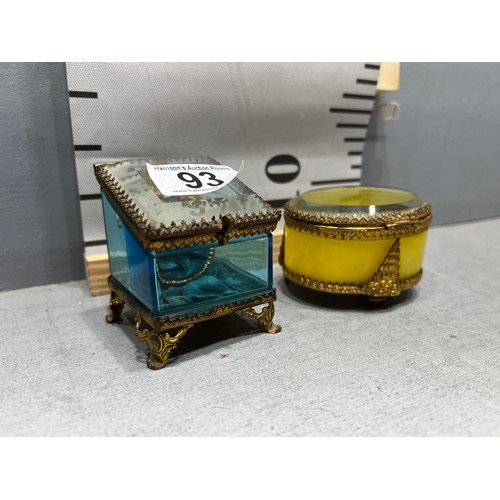 93 - 2 ormolu boxes. One is blue watch case 1 is yellow keepsake box