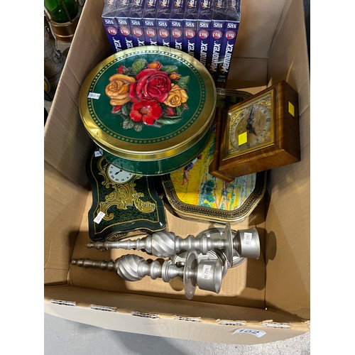 102 - Box misc inc clock, tins + cottons etc