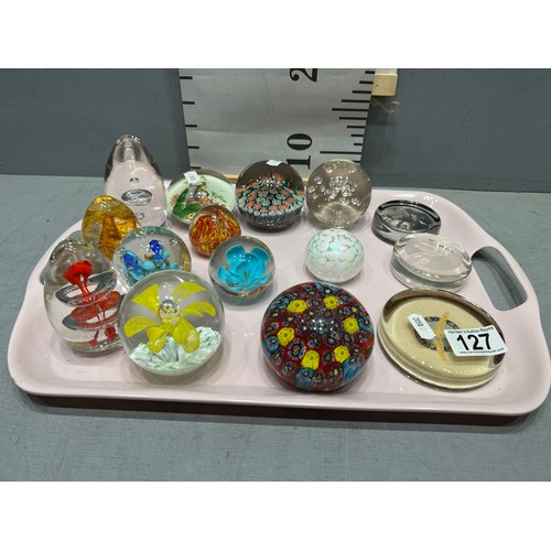 127 - Quantity glass paperweights. tray not included