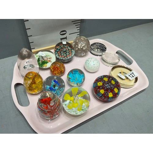 127 - Quantity glass paperweights. tray not included