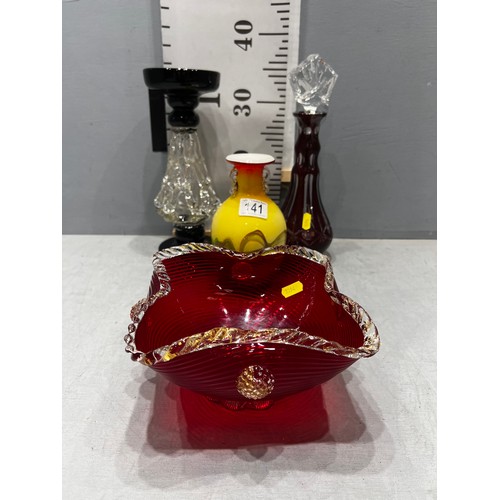 141 - 4 pieces coloured glass, Ruby cut glass decantor, Red bowl etc