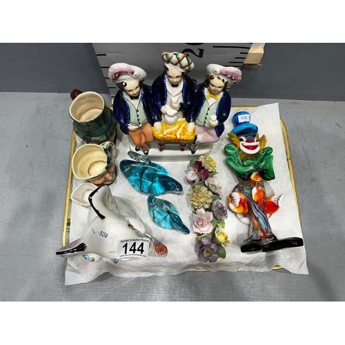 144 - Tray of collectables. Murano glass clown, wedgewood elephant etc