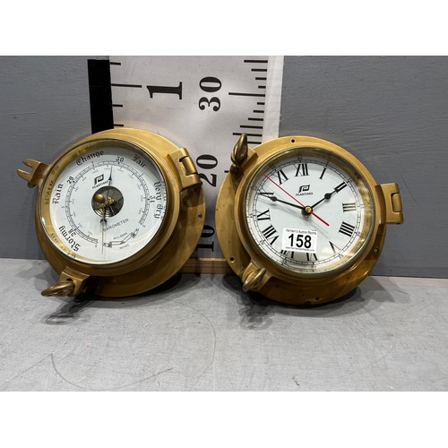 158 - 20thC Brass ships clock + brass ships barometer