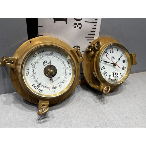 158 - 20thC Brass ships clock + brass ships barometer