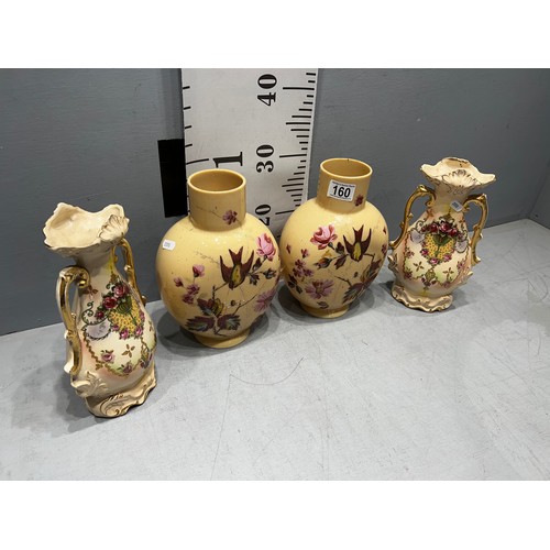 160 - Pair glass hand painted vintage vases + pair vintage 2 handled vases