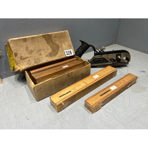 328 - Vintage Stanley wood planer, 2 boxed expanding bits, vintage wood planer in box