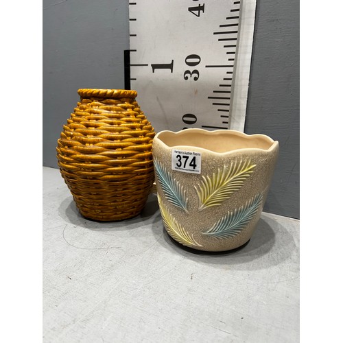 374 - German straw design vase + sylvac vase