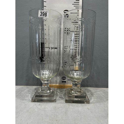 398 - Pair cut glass hurricane stem lamps