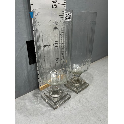 398 - Pair cut glass hurricane stem lamps