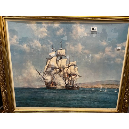 466 - Gilt framed picture of galleon + mountain scene picture in oak frame