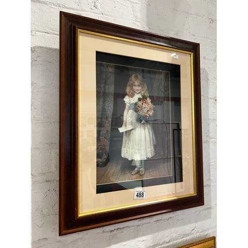 488 - Oak framed Victorian style print 'Little girl holding letter + flowers'