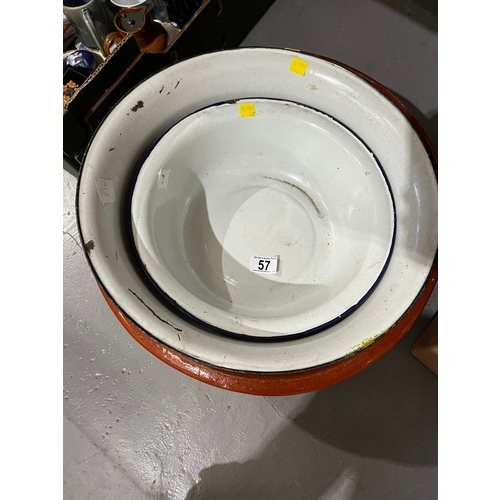 57 - Stoneware pancheon + 2 enamel bowls