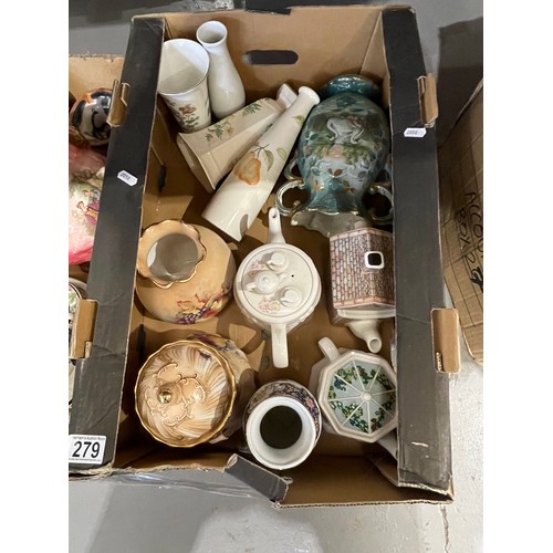 279 - 2 Boxes collectable pottery tea pots, vases etc