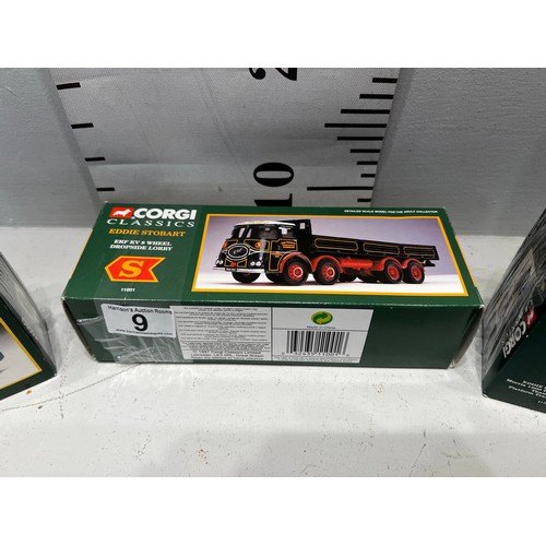 9 - 3 Corgi eddie stobart ERF KV.8 wheel drop side lorry. Land rover moms 1000 pick up with barrels + pl... 