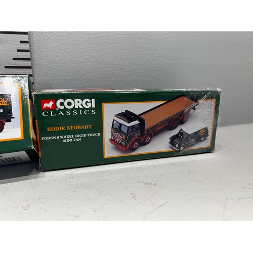 12 - 3 Corgi eddie stobart trucks, foden 8 wheel rigid truck & mini  van, beaver platform lorry, Thames t... 