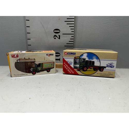 19 - 2 Corgi classics thorny croft box van batchelors peas + AEC 4 Wheel flatbed with barrels inc unpaint... 