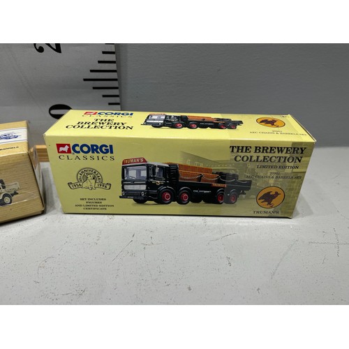 21 - 2 Boxed corgi brewery trucks ERF flatbed with chains & barrels 'flowers' AEC chains & barrel set 'tr... 