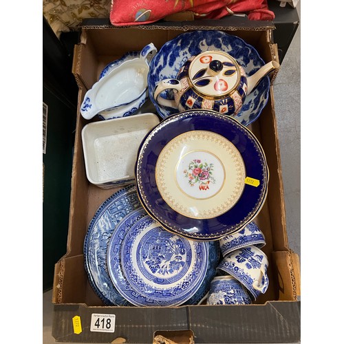 418 - 2 boxes Blue + White pottery