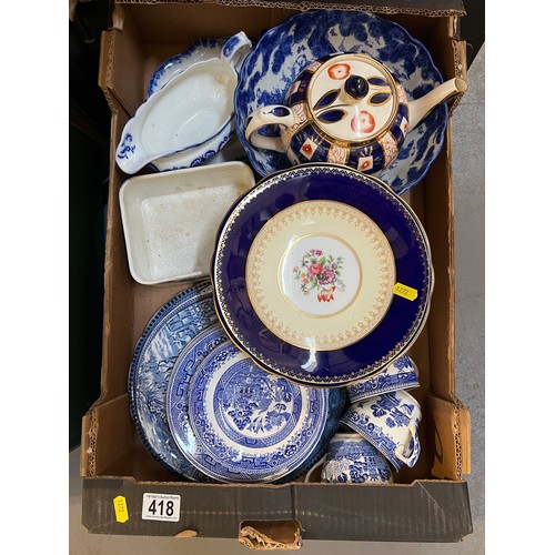 418 - 2 boxes Blue + White pottery