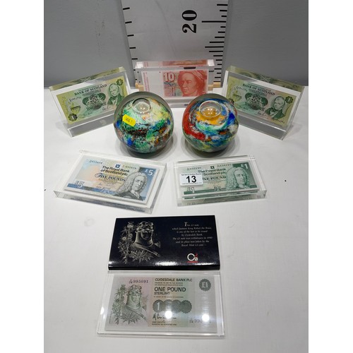 13 - 2 large paperweights + 6 bank notes under glass