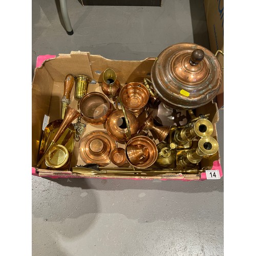 14 - Box of victorian brass + copper ware from Cooplands estate