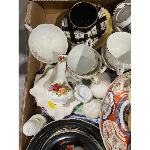 23 - 2 boxes misc pottery, oriental tea ware, Onyx eggs, Spode, Denby, Royal Albert etc